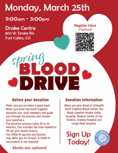 Columbine Health Systems' spring 2024 blood drive flyer