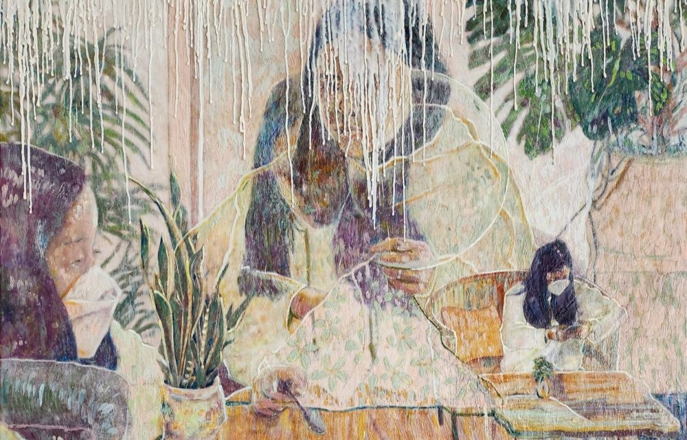 Encaustic painting “Till I See You Again” with two figures at a table and two wearing masks.