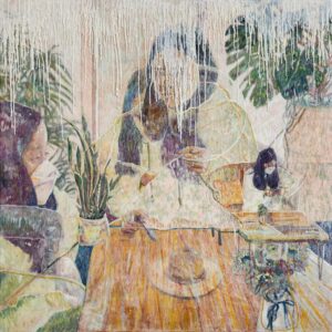 Encaustic painting “Till I See You Again” with two figures at a table and two wearing masks.