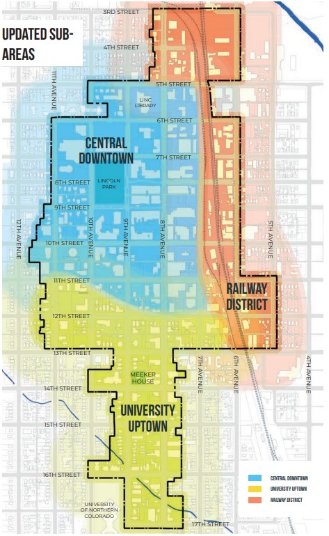 Downtown Greeley map showing three sub-area borders, including Central Downtown, University Uptown, and the Railway District.