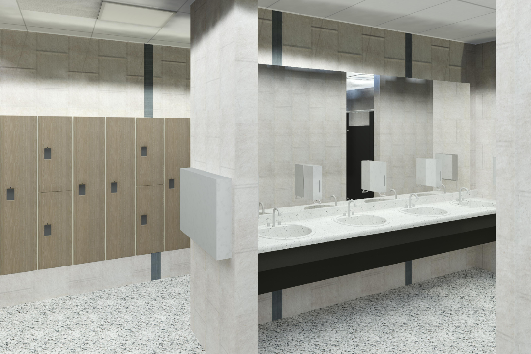 A construction rendering of new sinks and locker rooms for the Greeley Recreation Center remodel project.