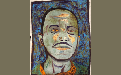 Fabric and embroidery creates a portrait of a man with short hair and a mustache in shades of blues, greens, gold, black and orange.