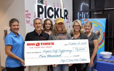 Pictured from left to right: Leslie Arnold, owner and operator of The Picklr Loveland; Jim Lautzenheiser, owner of Fort Collins Big O Tires; Angie Sloan, healthy families coordinator at Project Self Sufficiency; Tracy Mead, CEO of Project Self Sufficiency; Lyndsey Hertz, development director of Project Self Sufficiency; Jodi Terwilliger-Stacey, program director of Project Self Sufficiency.