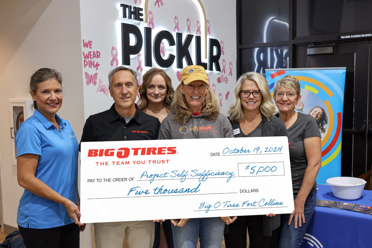 Pictured from left to right: Leslie Arnold, owner and operator of The Picklr Loveland; Jim Lautzenheiser, owner of Fort Collins Big O Tires; Angie Sloan, healthy families coordinator at Project Self Sufficiency; Tracy Mead, CEO of Project Self Sufficiency; Lyndsey Hertz, development director of Project Self Sufficiency; Jodi Terwilliger-Stacey, program director of Project Self Sufficiency.