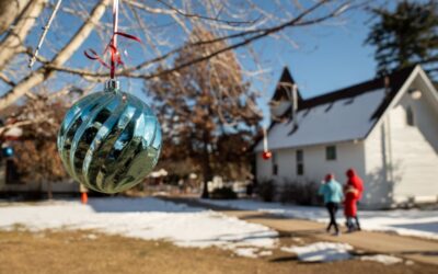 Ornament hanging on an outdoor tree in foreground with white building and snow in background.