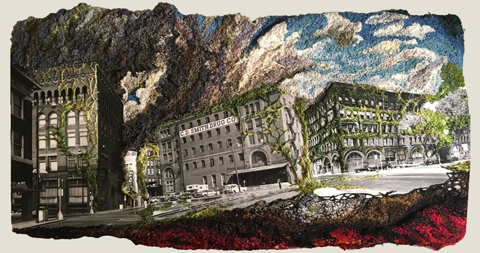 Artwork that shows buildings with greenery climbing walls and an ominous cloud overhead.