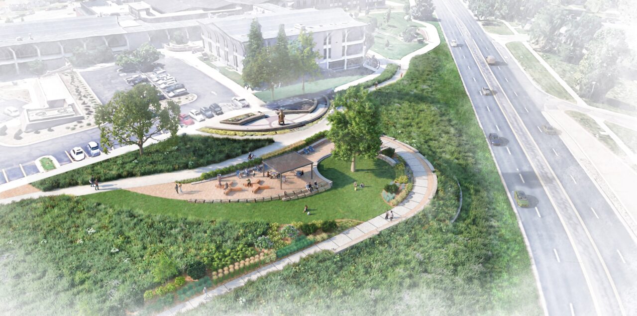 Artist rendering of the University Center hill landscape project, showcasing a patio with shade and seating, walking paths, and a variety of tall grasses and other plants.