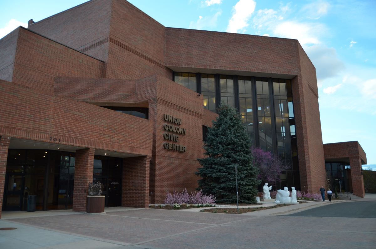 UCCC Exterior Brick exterior of the Union Colony Civic Center, driveway and marble artwork of entertainers.