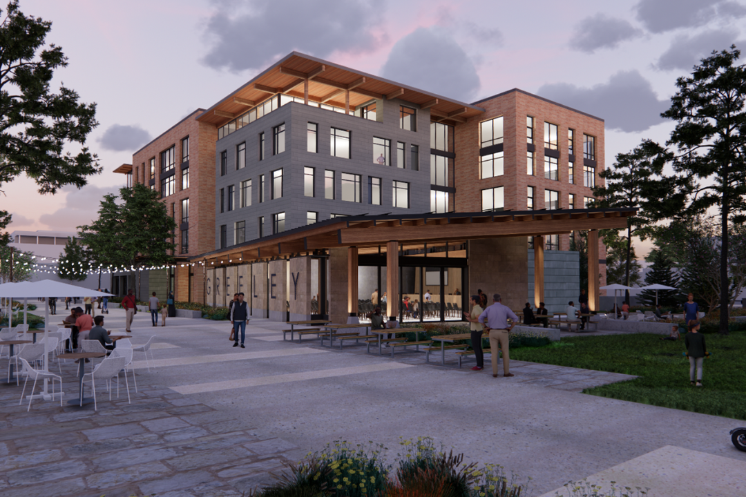 Rendering of the Civic Campus with outdoor seating and people at dusk.