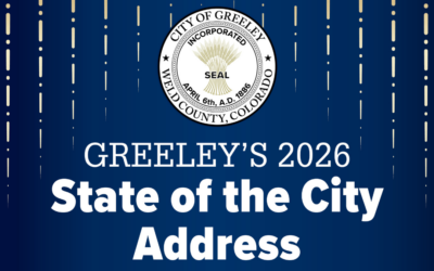 Official City of Greeley Seal rests on a background of blue with the text Greeley’s 2026 State of the City Address underneath it.