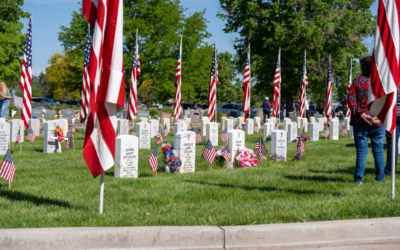 White headstones adorned with small American flags and people standing in front of soldiers’ graves.
